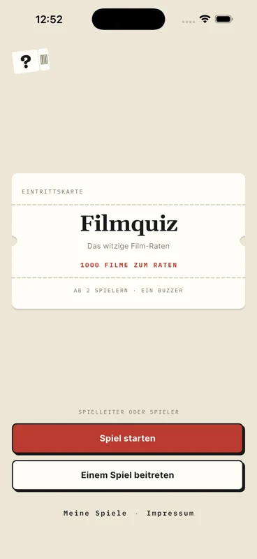 Startbildschirm von Filmquiz