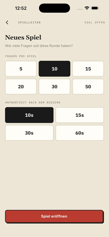 Auswahl der Fragenanzahl und der Antwortzeit